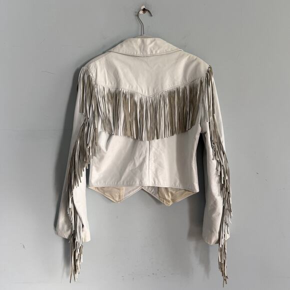 Women's White Fringe Leather Jacket - Picture 3 of 4